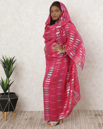 Fuchsia Pink premium pure silk chiffon thobe with multicolor metallic lurex in stripe design-D11638 Regal Fabrics
