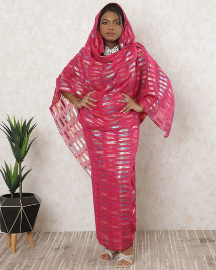 Fuchsia Pink premium pure silk chiffon thobe with multicolor metallic lurex in stripe design-D11638 Regal Fabrics
