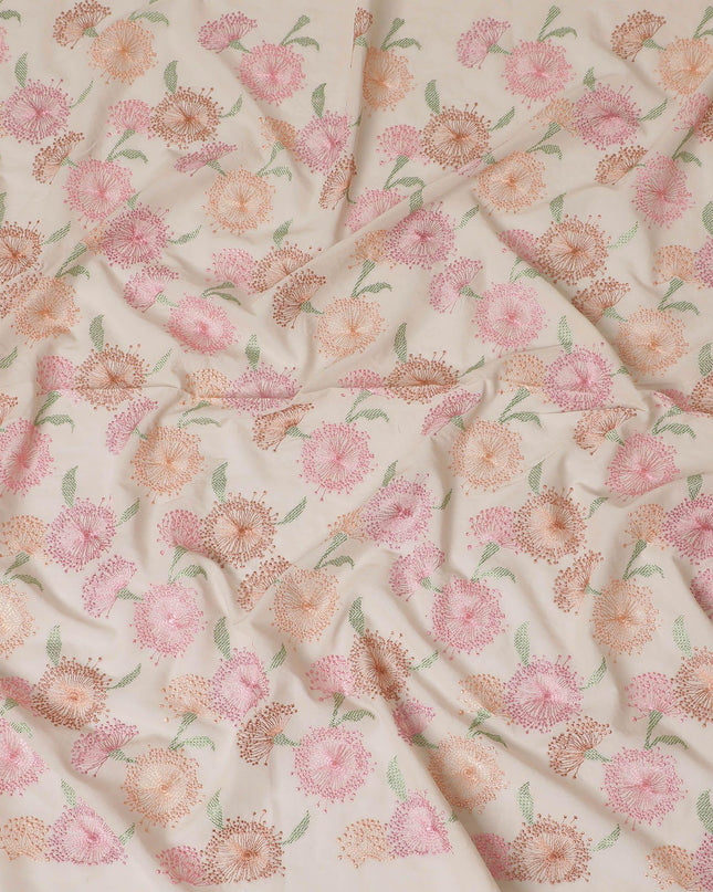 Beige cotton voile fabric with sage green, baby pink and peach embroidery in floral design-D14470