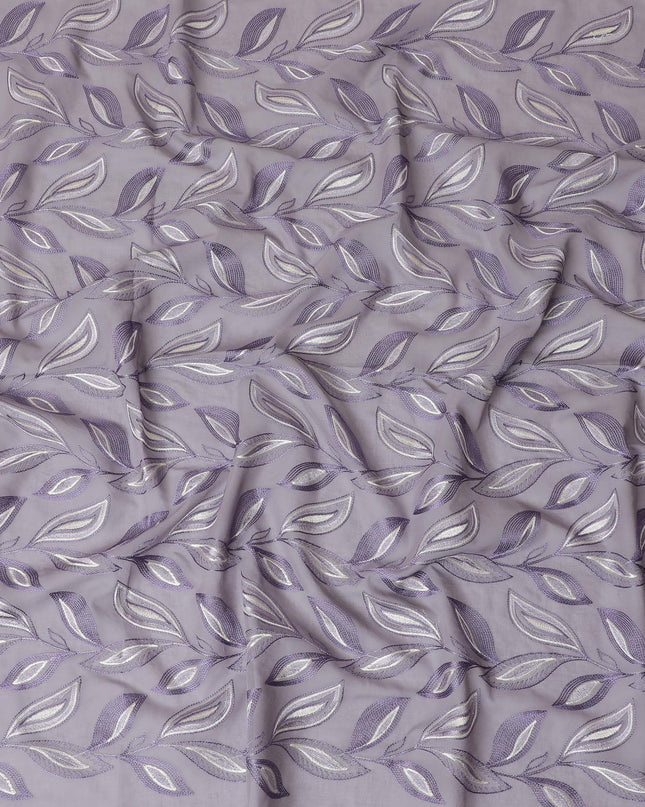 Light Lavender Premium pure cotton voile fabric with purple and beige embroidery in Leaf design-D15236