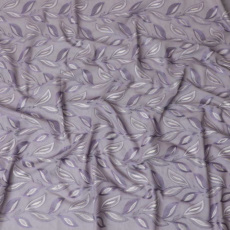 Light Lavender Premium pure cotton voile fabric with purple and beige embroidery in Leaf design-D15236