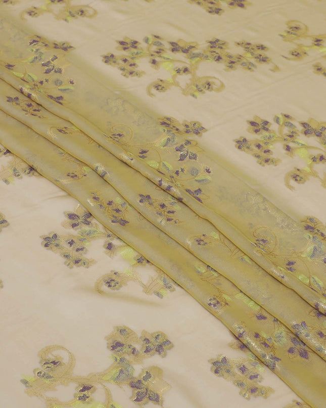 قماش من الشيفون الحريري الخالص الفاخر بلونين باللون الأخضر الداكن مع الفيسكوز الأرجواني والوركس المعدني الذهبي بتصميم الأزهار-D13180