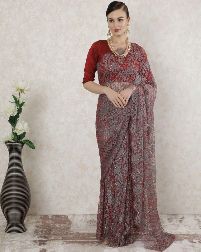 Red, Coin grey Premium pure 2tone French chantilly lace saree having stone work in floral design-D14511 Regal Fabrics
