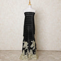 Black silk blended burnout velvet fabric with border tulle having gold embroidery and stone work in floral design-D12181