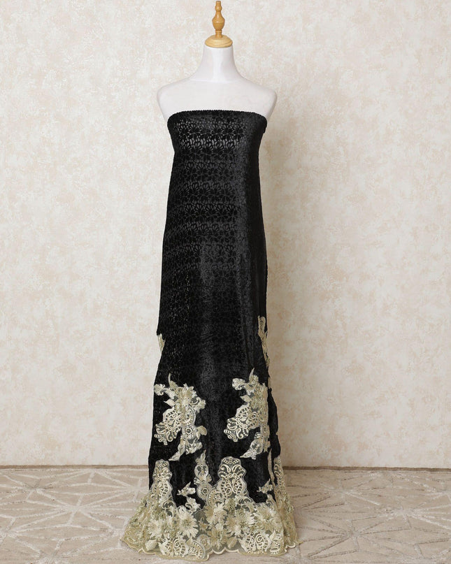 Black silk blended burnout velvet fabric with border tulle having gold embroidery and stone work in floral design-D12181
