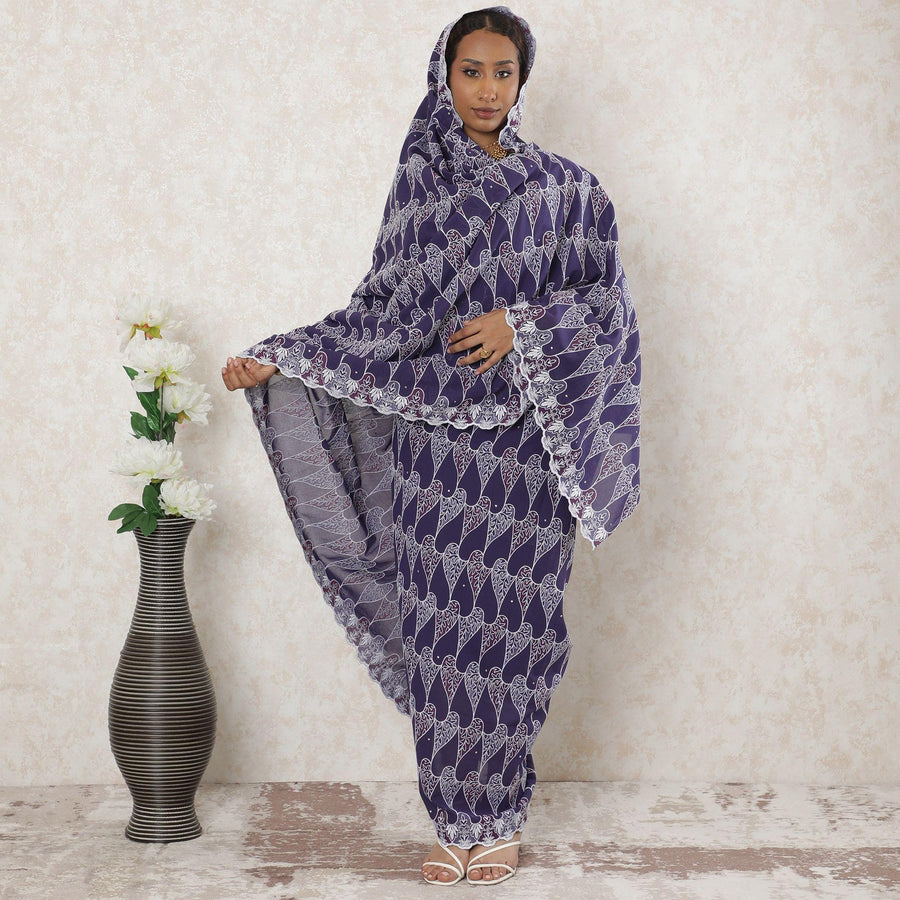 Purple Premium pure Swiss cotton voile thobe with same tone, silver embroidery having stone work in fancy design-D14336 Regal Fabrics