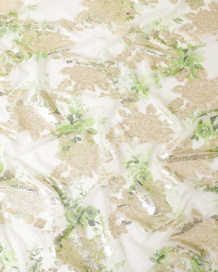 Off white pure silk chiffon fabric with pastel green print having gold metallic lurex in floral design-D8328