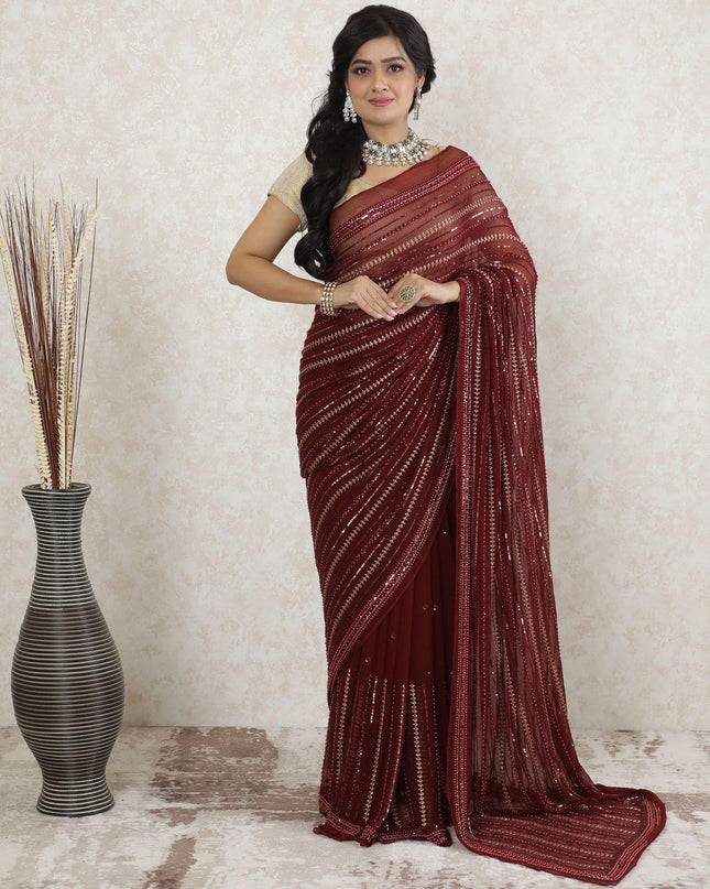 Marron Premium pure wrinkle silk chiffon saree with same tone, gold embroidery having sequins, bead work in fancy design-D13494