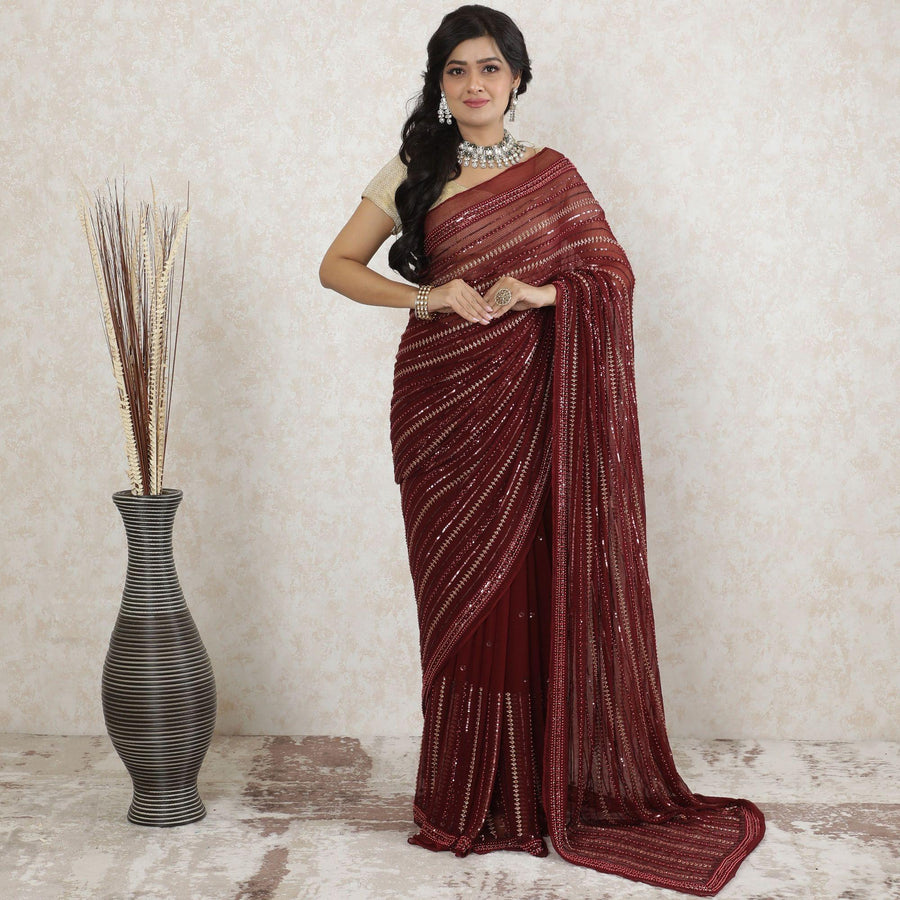 Marron Premium pure wrinkle silk chiffon saree with same tone, gold embroidery having sequins, bead work in fancy design-D13494