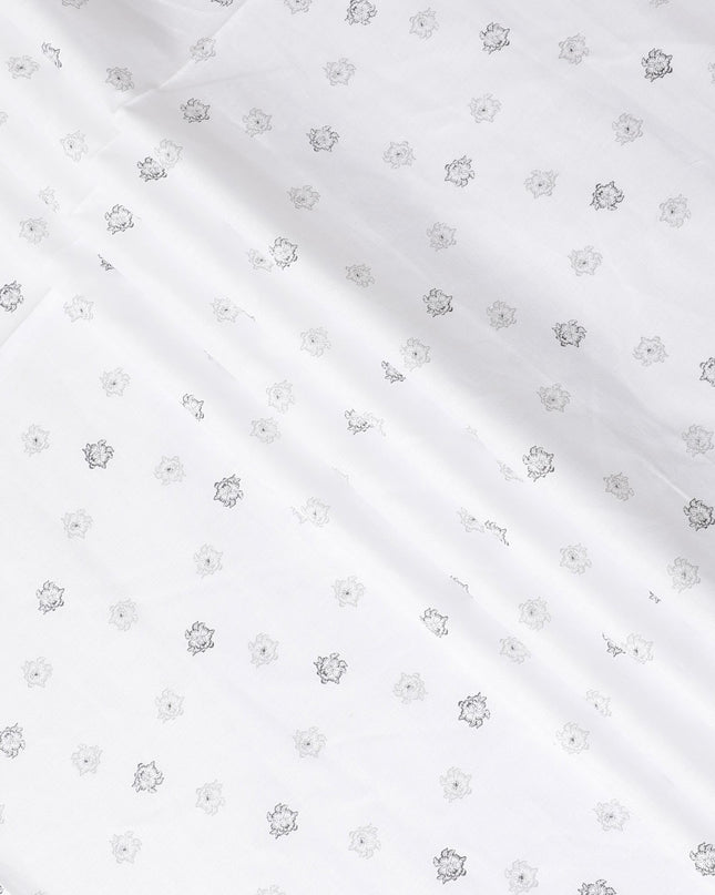 قماش الكتان الخالص الأبيض الفاخر بنسبة 100% مع طباعة باللونين الأسود والرمادي بتصميم الأزهار-D11096