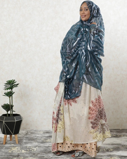 Petrol blue premium pure French (Fransawi) silk chiffon garbasaar with blue and silver metallic lurex in abtract design-D9556 Regal Fabrics