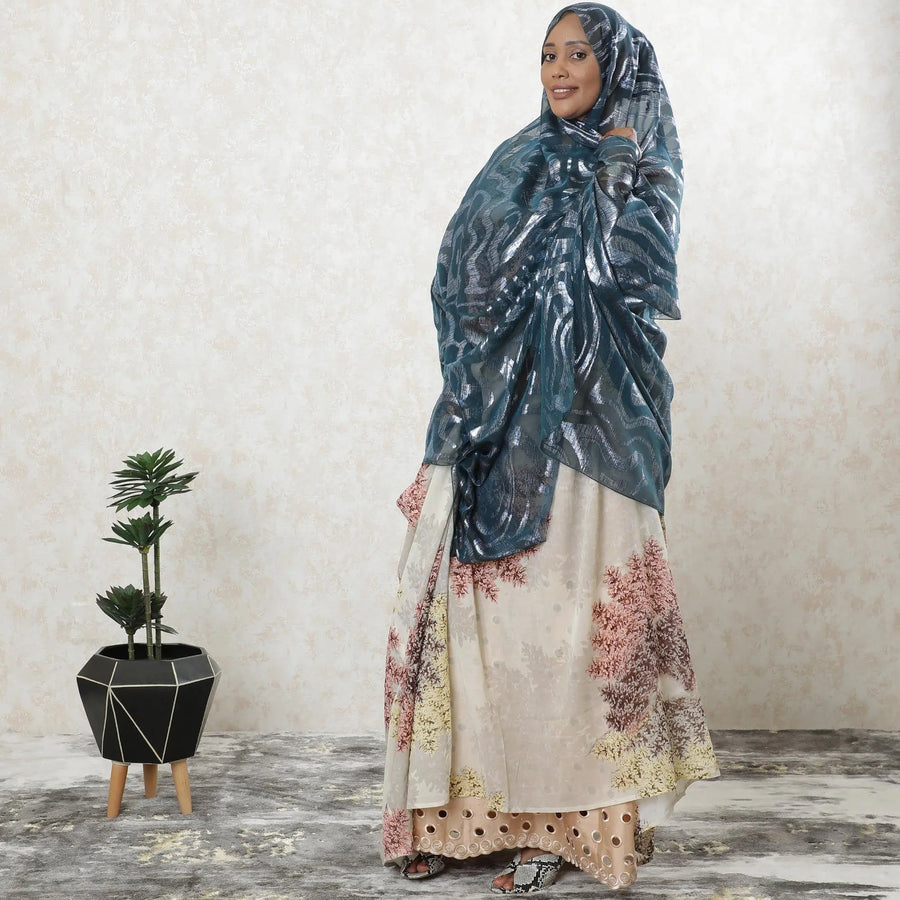 Petrol blue premium pure French (Fransawi) silk chiffon garbasaar with blue and silver metallic lurex in abtract design-D9556 Regal Fabrics