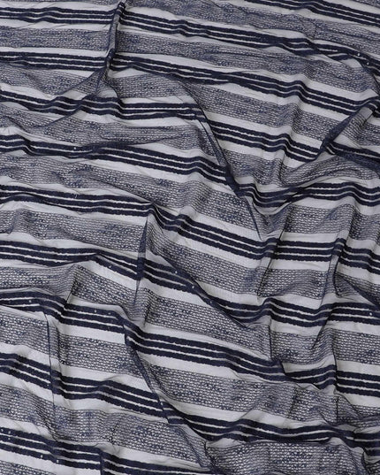 Navy blue nylon tulle fabric with same tone embroidery and sequins in stripe design-D6668