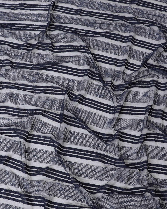 Navy blue nylon tulle fabric with same tone embroidery and sequins in stripe design-D6668 Regal Fabrics