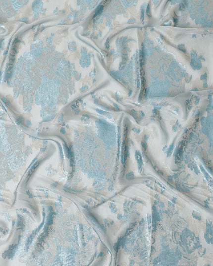 رمادي سحابي فاخر من الشيفون الفرنسي (الفرانساوي) الحريري مع الفيسكوز البيج والوركس المعدني الأزرق بتصميم الأزهار-D11578