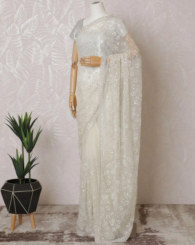 Off white Premium silk organza saree with same tone sequin work and bead work in floral design-D15585 Regal Fabrics