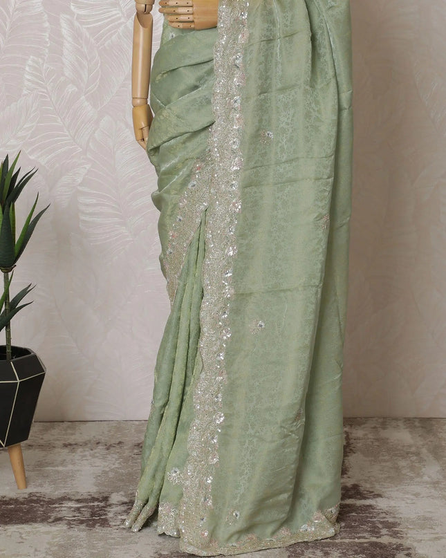 Sage green Premium silk jacquard organza saree with multicolor sequin embroidery having gold bead work in floral design-D15591 Regal Fabrics