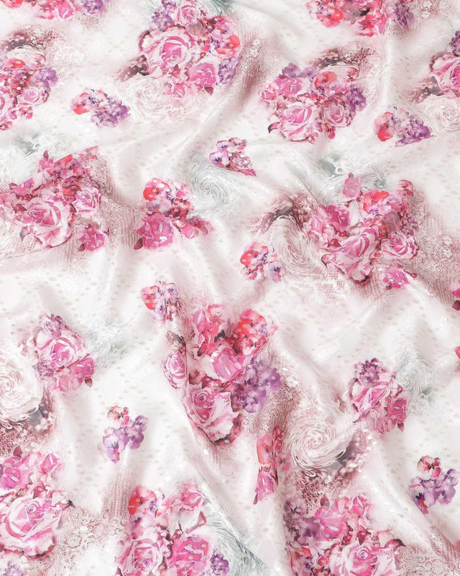 قماش شيفون حريري باللون الأبيض الفاتح مع طباعة متعددة الألوان بتصميم الأزهار مع اللوريكس المعدني الذهبي -D6953