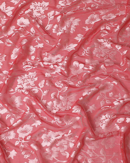 قماش شيفون من الحرير الخالص Premim باللون الأحمر مع جاكار فضي بتصميم زهور-D15322