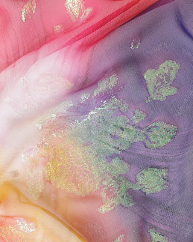 قماش شيفون حريري نقي فاخر متعدد الألوان مع لوريكس معدني أخضر نيون بتصميم زهور-D9322