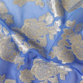 Royal blue to powder blue premium pure silk chiffon fabric with  gold metallic lurex in floral design-D10616