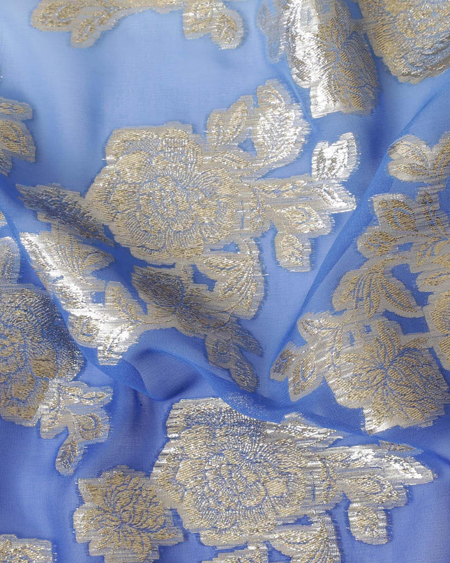 قماش شيفون حريري خالص فاخر من الأزرق الملكي إلى الأزرق الفاتح مع لوركس معدني ذهبي بتصميم زهور-D10616