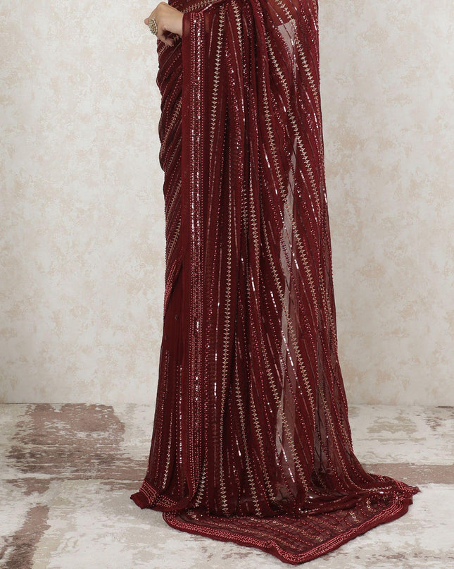 Marron Premium pure wrinkle silk chiffon saree with same tone, gold embroidery having sequins, bead work in fancy design-D13494