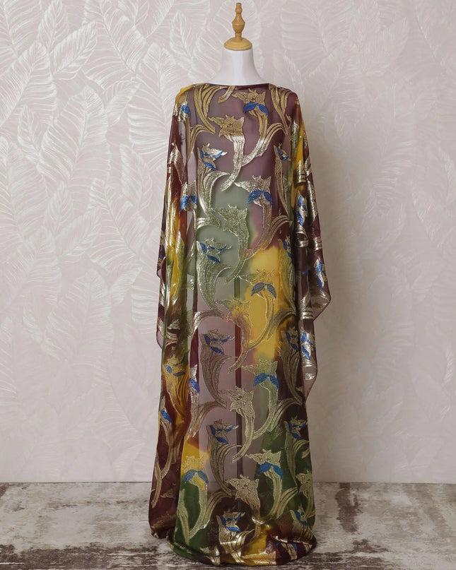 Multicolor Premium pure French (Fransawi) silk chiffon dirac fabric with hand print having gold and blue metallic lurex in floral design-D15615 Regal Fabrics