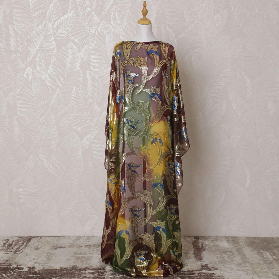 Multicolor Premium pure French (Fransawi) silk chiffon dirac fabric with hand print having gold and blue metallic lurex in floral design-D15615