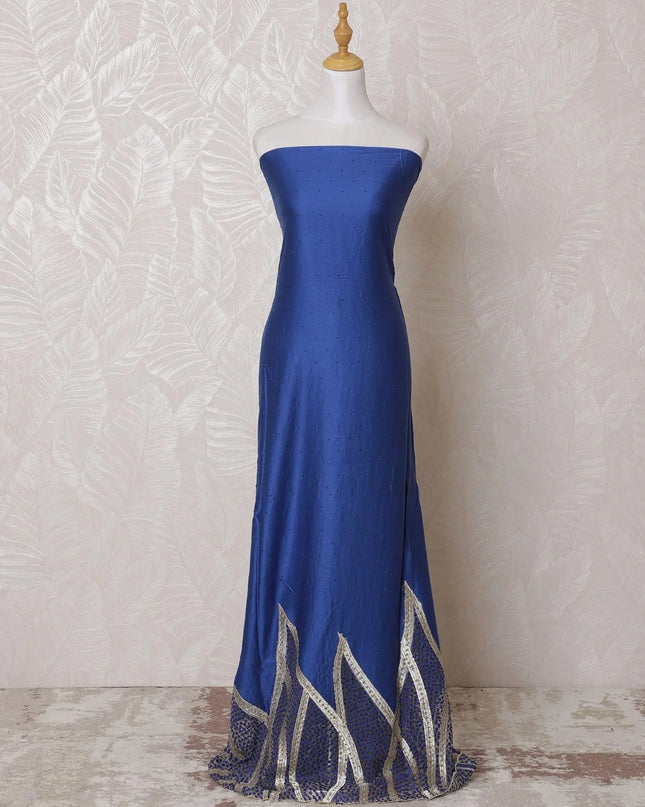 Royal blue blended cotton lawn fabric with gold embroidery having stone work in fancy design-D14735 Regal Fabrics