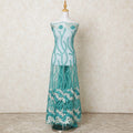 Turquoise green nylon tulle fabric with same tone, beige embroidery having stone work in floral design-D12208 Regal Fabrics