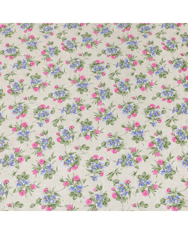 قماش فوال قطني باللون البيج الفاتح مع جاكار بنفس اللون مع طباعة باللون الأخضر الزيتوني والأزرق والوردي الساخن بتصميم الأزهار-D6309