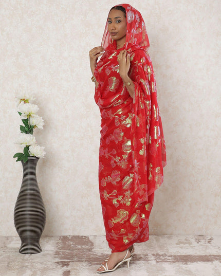 Crimson red Premium pure silk chiffon thobe with gold and mint green metallic lurex in floral design-D14397 Regal Fabrics