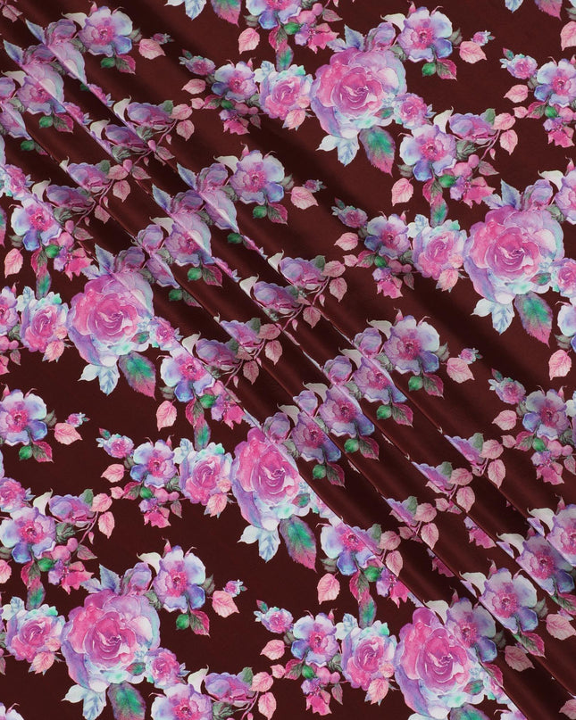 Maroon synthetic crepe fabric with multicolor crepe print in floral design-D14465