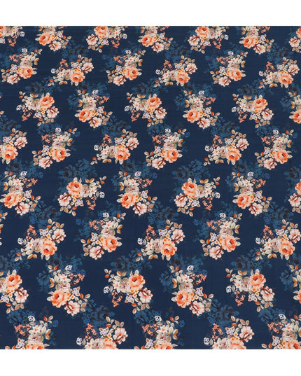 Navy blue premium pure silk crepe fabric with multicolor print in floral design-D13858 Regal Fabrics