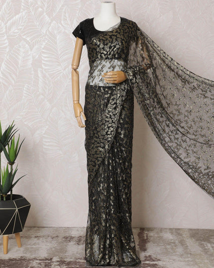 Black, gold Premium pure French metallic chantilly lace saree in butterfly design-D15545