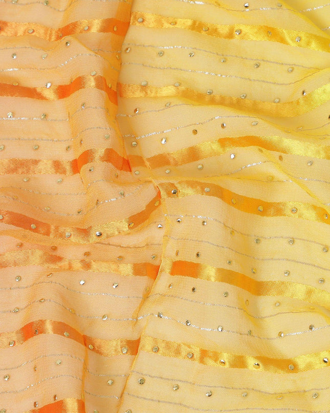 قماش شيفون صناعي متعدد الألوان مع شريط ذهبي له نفس اللون المعدني المنقط بتصميم مخطط-D13653