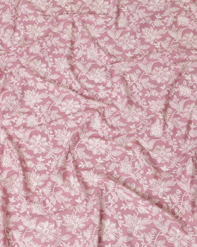 Rose pink cotton lawn fabric with beige print in floral design-D14262 Regal Fabrics