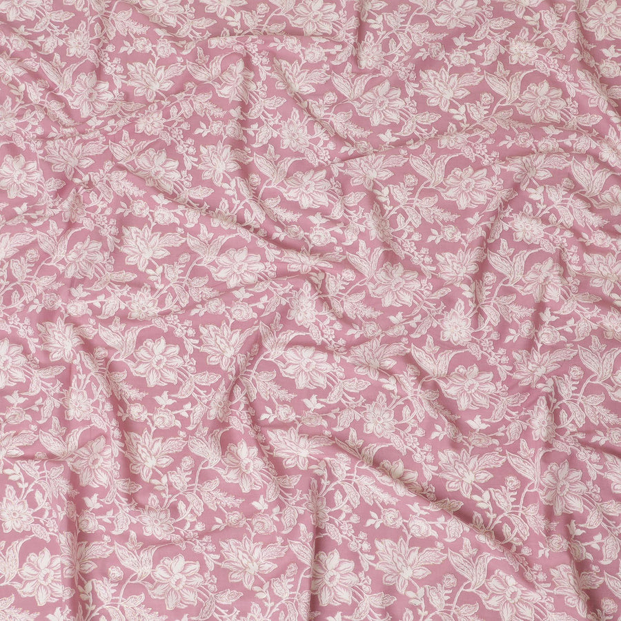 Rose pink cotton lawn fabric with beige print in floral design-D14262