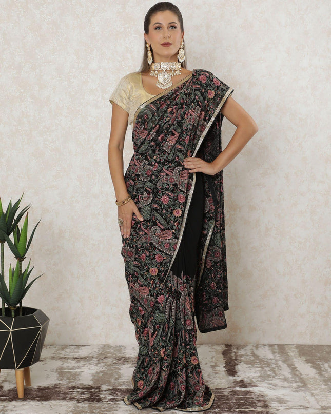 Black premium pure georgette Kashmiri work saree with multicolor embroidery having stone work and gold border bead work in paisley design-D12565