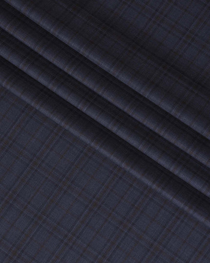 Indigo blue Premium Super 130's Italian blended wool suiting fabric with brown checks design-D10818