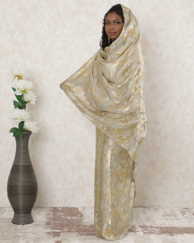 Sand beige Premium pure French (Fransawi) silk chiffon thobe with powder blue viscose having gold metallic lurex in floral design-D14380 Regal Fabrics