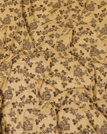 قماش فوال قطني تورتيلا بني مع تطريز بني موكا وذهبي بتصميم زهور-D8537