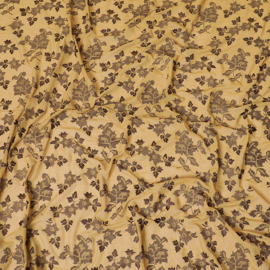 قماش فوال قطني تورتيلا بني مع تطريز بني موكا وذهبي بتصميم زهور-D8537