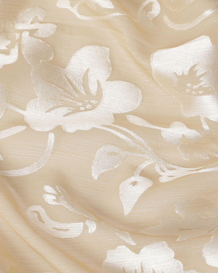 قماش شيفون من الحرير الخالص باللون الذهبي مع جاكار فضي بتصميم زهور -D15317
