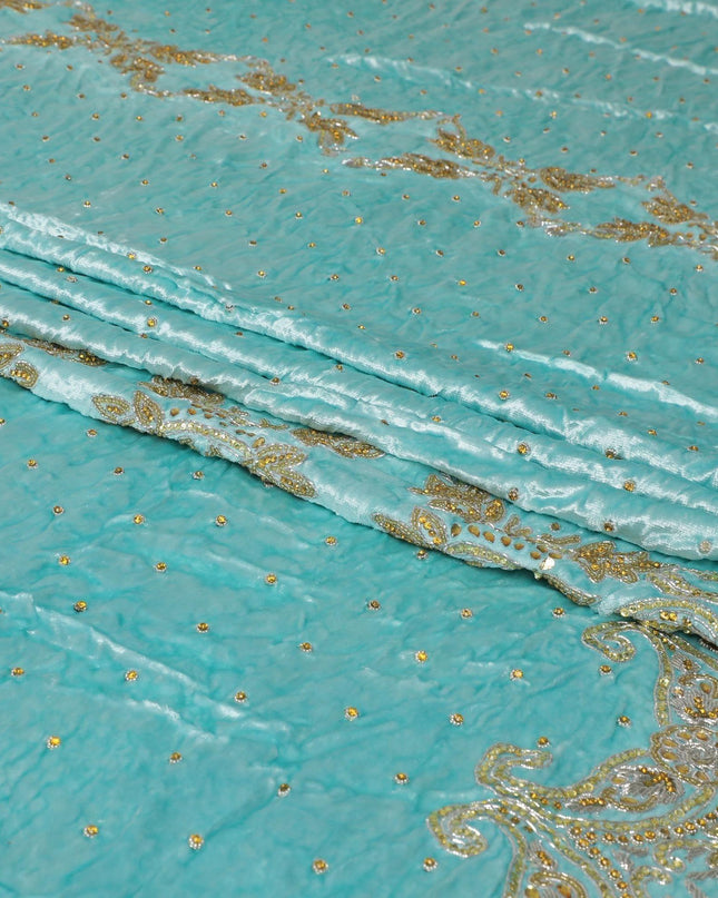 Arctic blue Rayon velvet fabric with metallic silver zardozi work, green , white and  orange stone work, green beads in fancy design