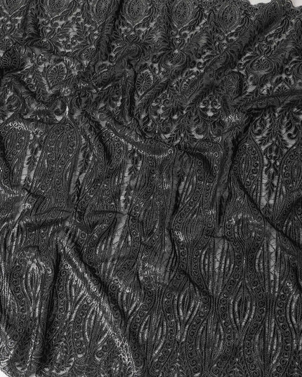 Black nylon tulle fabric with same tone, silver embroidery in fancy design-D6043