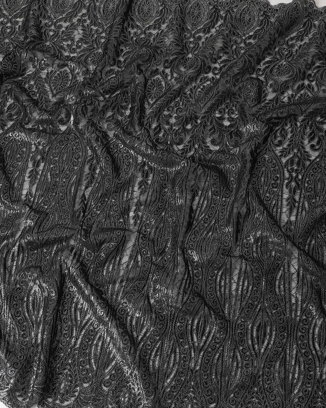 Black nylon tulle fabric with same tone, silver embroidery in fancy design-D6043