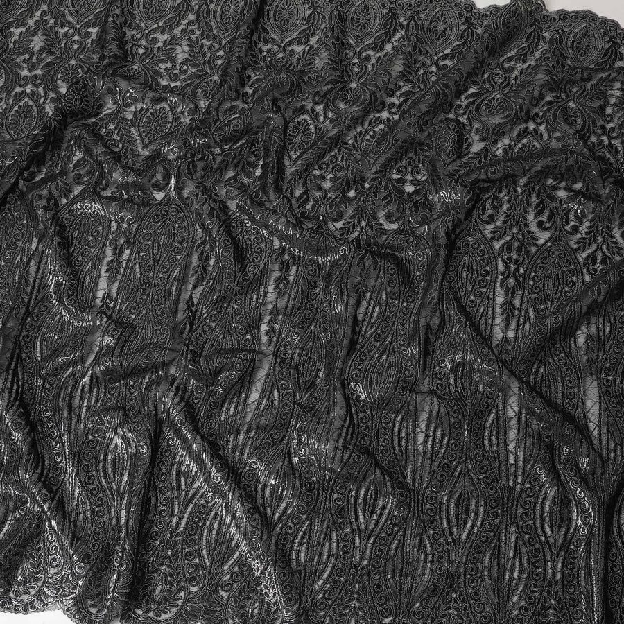 Black nylon tulle fabric with same tone, silver embroidery in fancy design-D6043