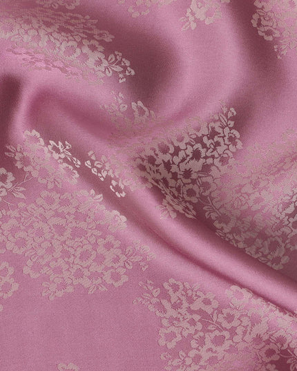 Rose pink premium pure silk crepe fabric with beige jacquard in floral design-D13890